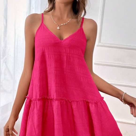 Boho Hot Pink Solid Frill Cami Mini Dress - Picture 5 of 8
